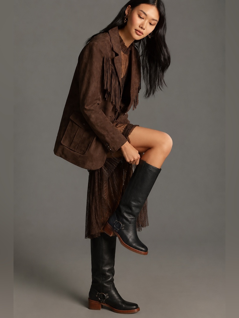 Frye Black Leather Mid-Calf Harness Boots